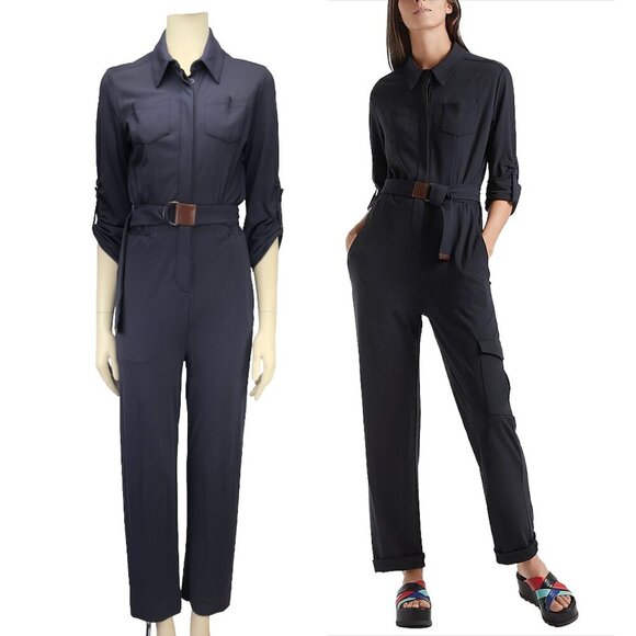 MARC CAIN Preppy Buttonned Polo Collar Belted Roll-Tab Stretch Navy Jumpsuit S - Picture 1 of 10